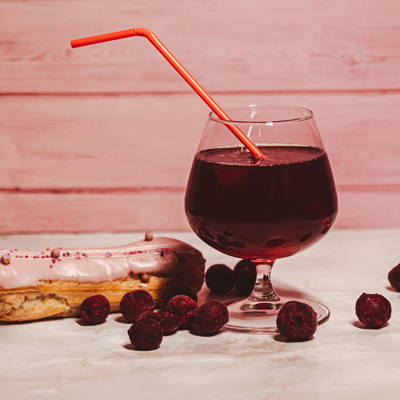 Ice coffee with cherry, raspberry, and strawberry juice