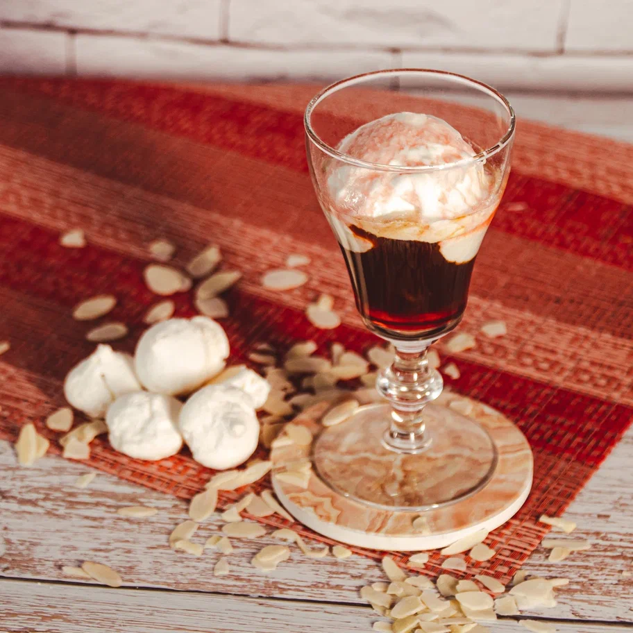 Coffee Glace with ice cream and strawberry syrup